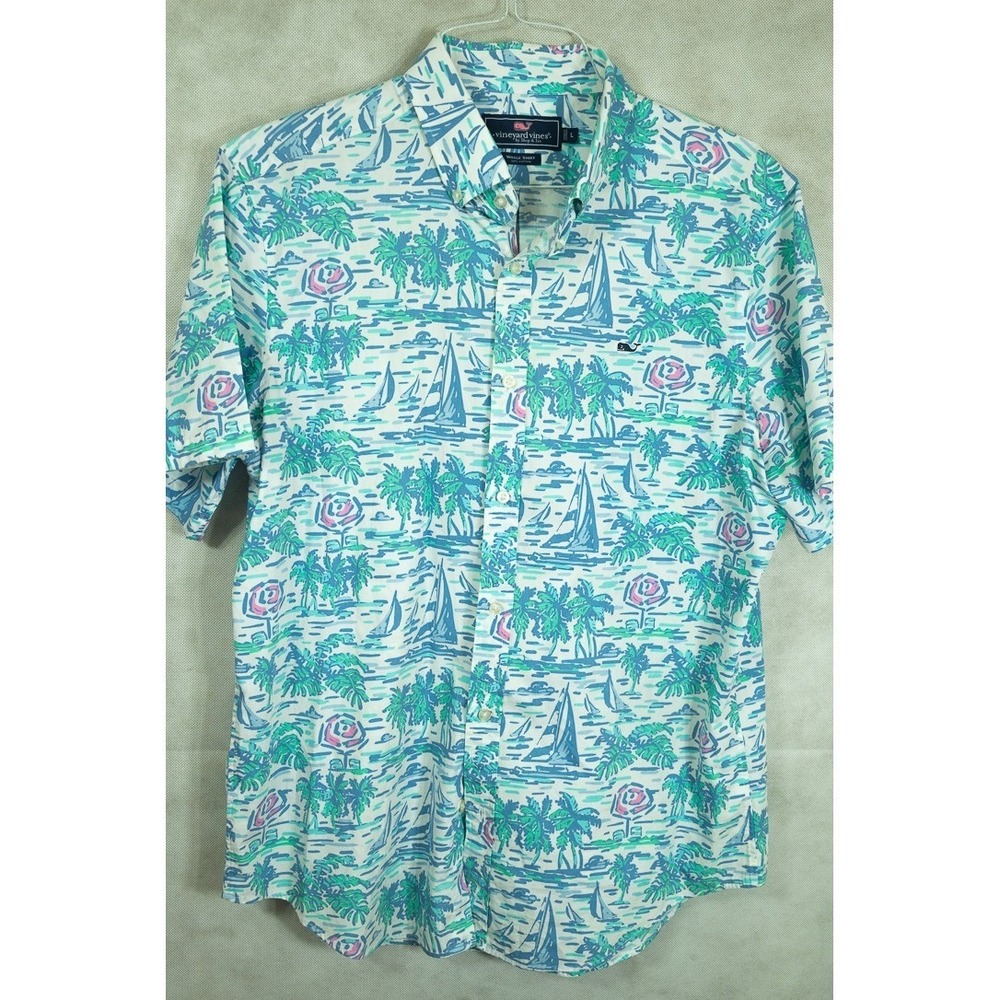 Vineyard Vines Mens Whale Shirt Large Blue Green Tropical Sailboat Button Down